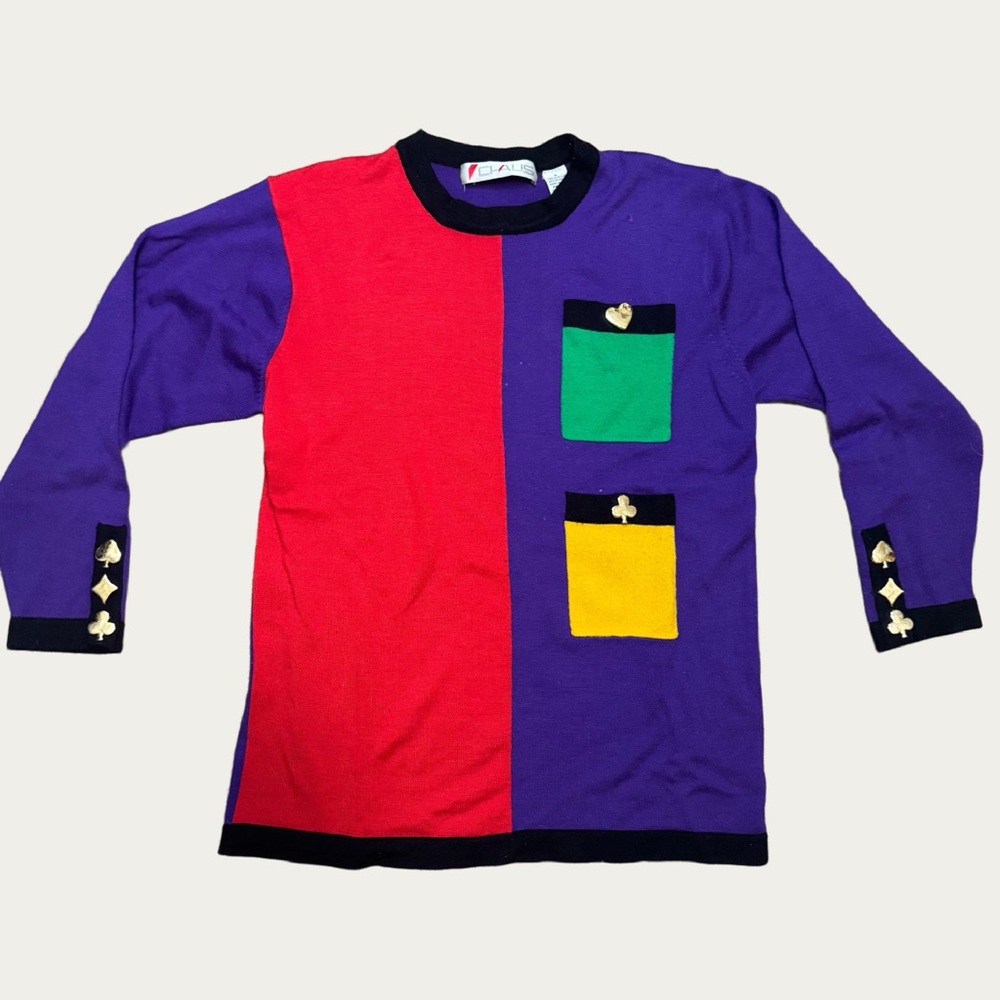 Vintage 80s Color Block  Wool Blend Sweater w/ Gold Heart, Spade, and Club Sz M